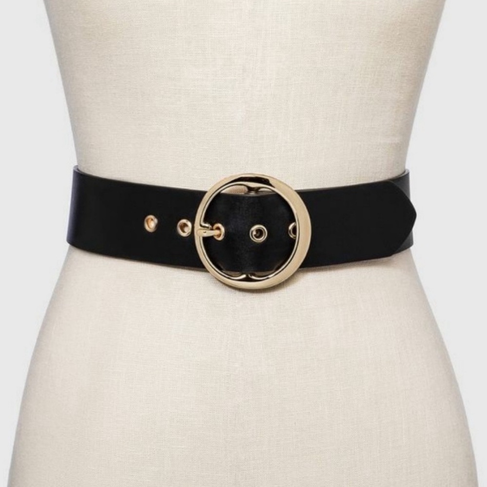 Ava Viv Black Mid Waist Belt Gold Stretch Wide